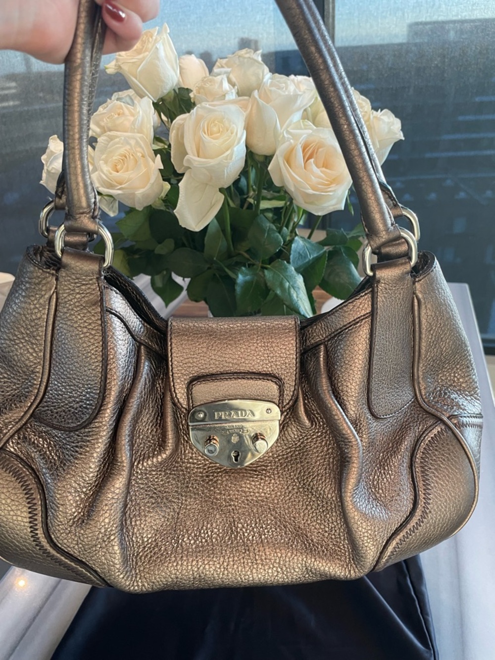 Prada Metallic Grey Leather Shoulder Bag